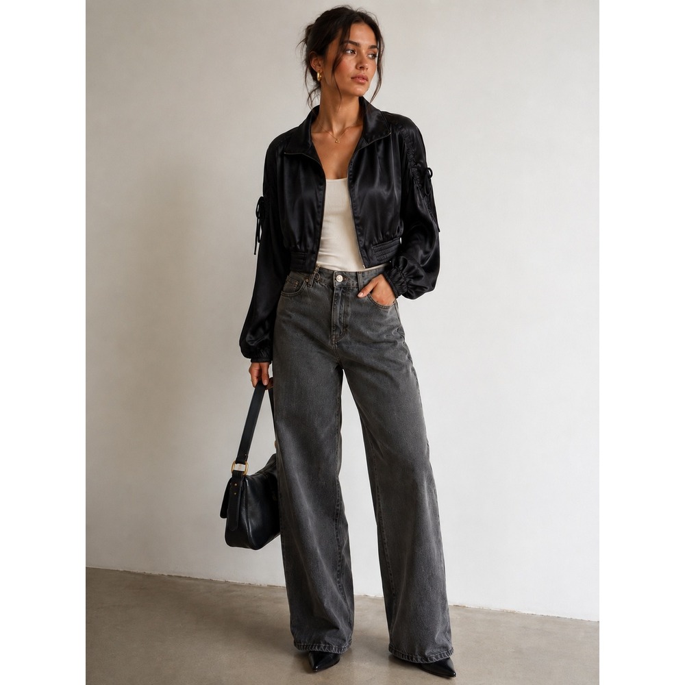 Zara Ruched Sleeve Satin Goth Edgy Bomber Fairy Grunge Jacket XL